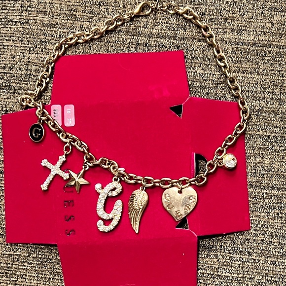 Final Markdown- Guess Gold Bling G Cross Rhinestone Choker Charm Chain - Picture 15 of 16